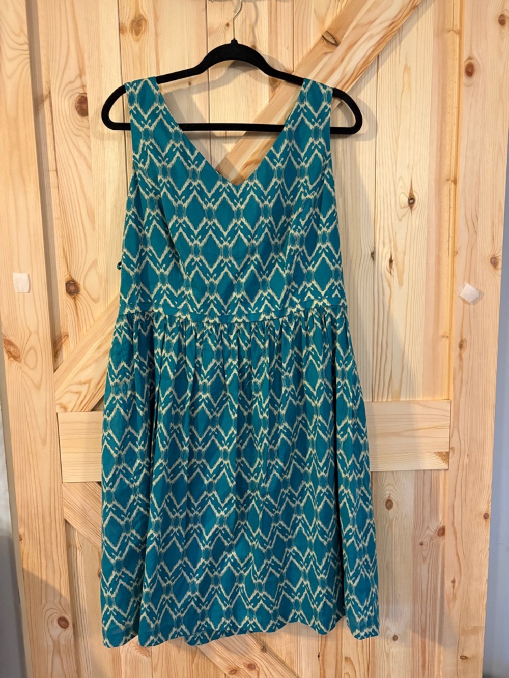 Antonio Melani Teal Ikat Print Sleeveless Dress Size 14 Cotton Fit & Flare